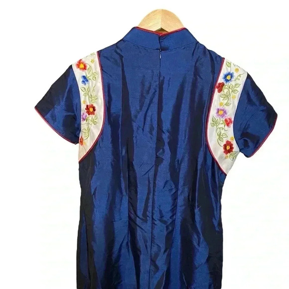 Asian-style Women's Evening Party Dress Back Zip Floral-Ivy Print Sapphire Blue - Picture 6 of 16